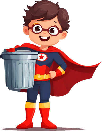 Superhero kid holding trash can